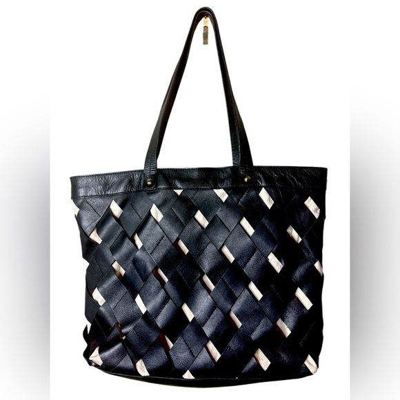 Black Leather and Canvas Woven Tote Bag Medium Career Classic Capsule - Picture 1 of 9